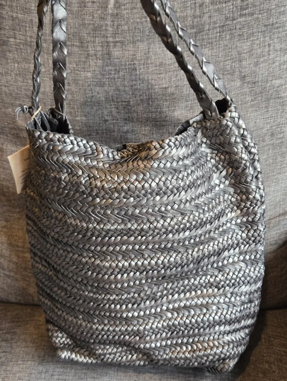 Gray tote bag woven leather soft basket hobo hippie boho made India $210